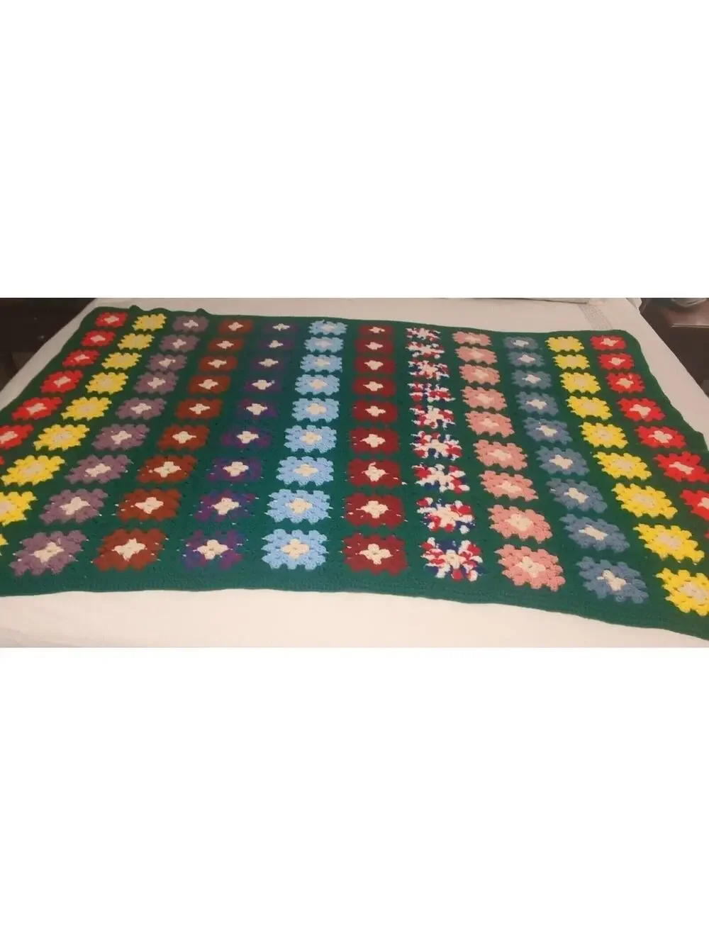 VTG 70s Afghan Hand‎ Crocheted Granny Square Multi-Color Throw Blanket Roseanne